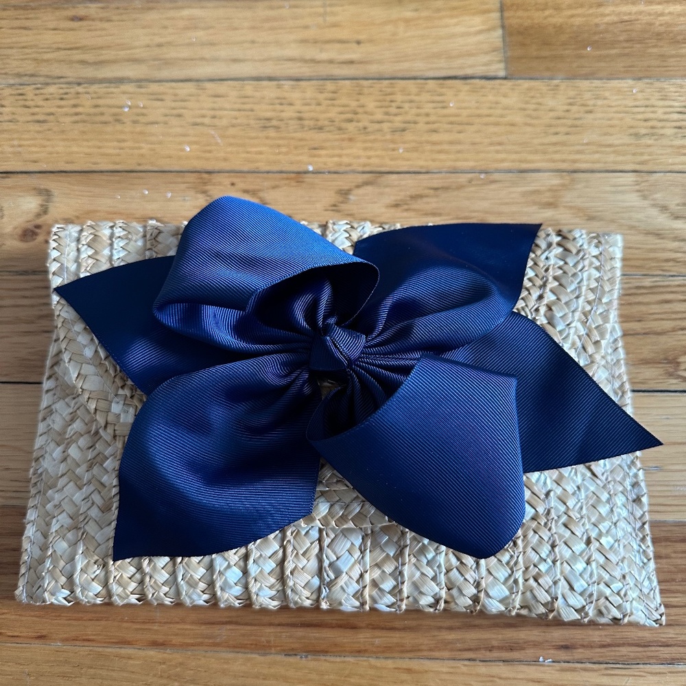 Straw Clutch with Navy Grosgrain Ribbon Bow
